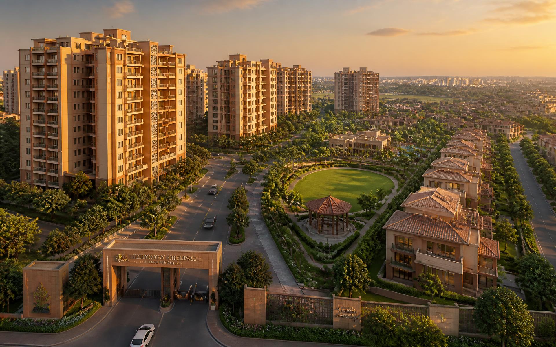 Aerial view of a gated residential community with apartment towers and villas at sunset